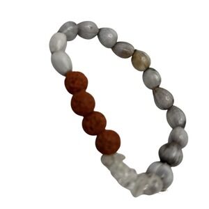 Beaded Stretch Bracelet Gray Brown Lava Stone Clear‎ Crystal Charm Women